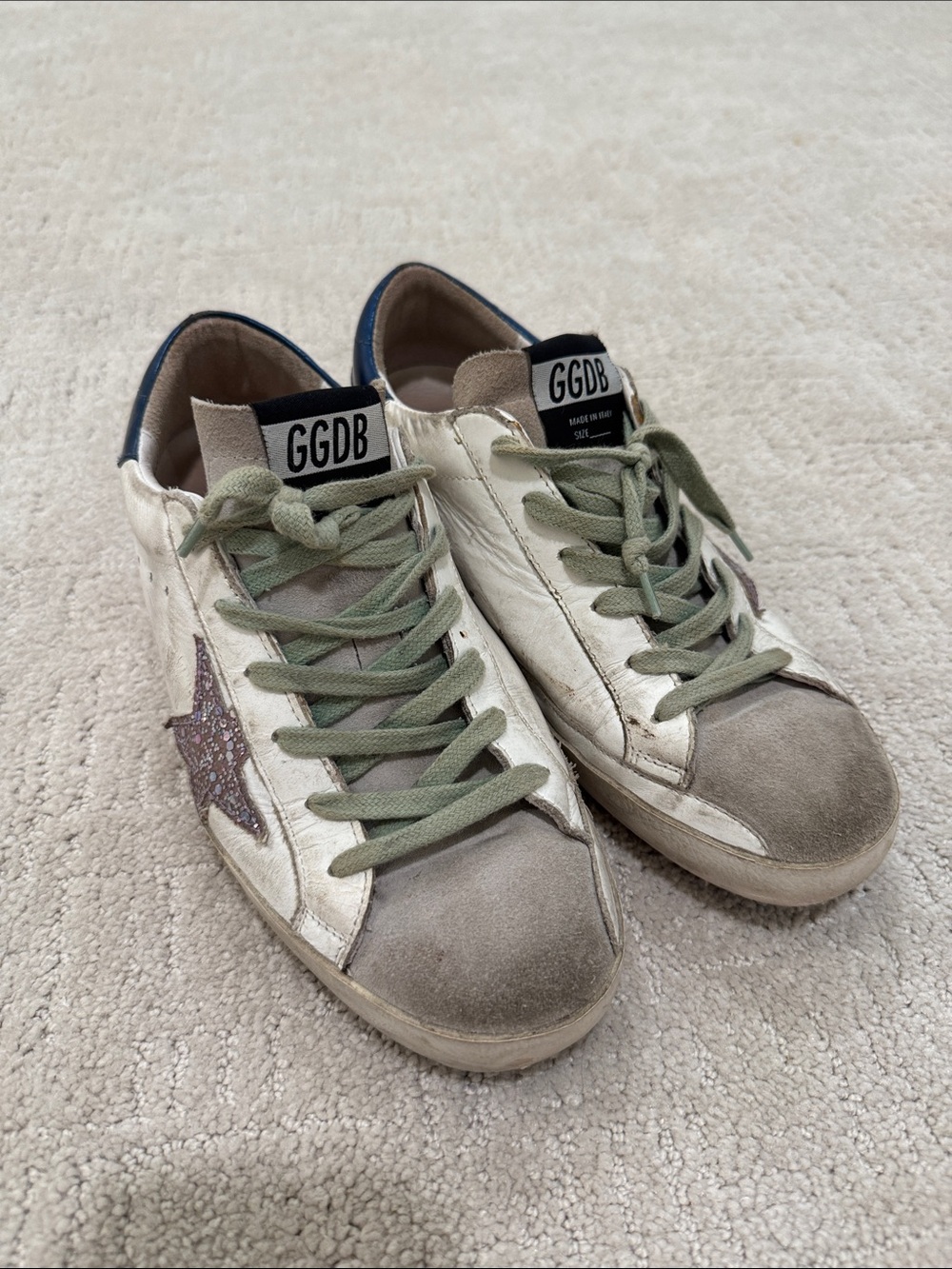 Golden Goose White Leather Sneakers with Olive Laces